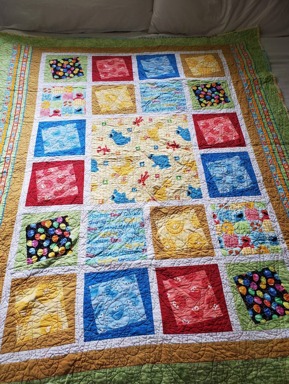 Vintage Handmade Patchwork Toddler Quilt Sesame Street Elmo Colorful Block Quilt